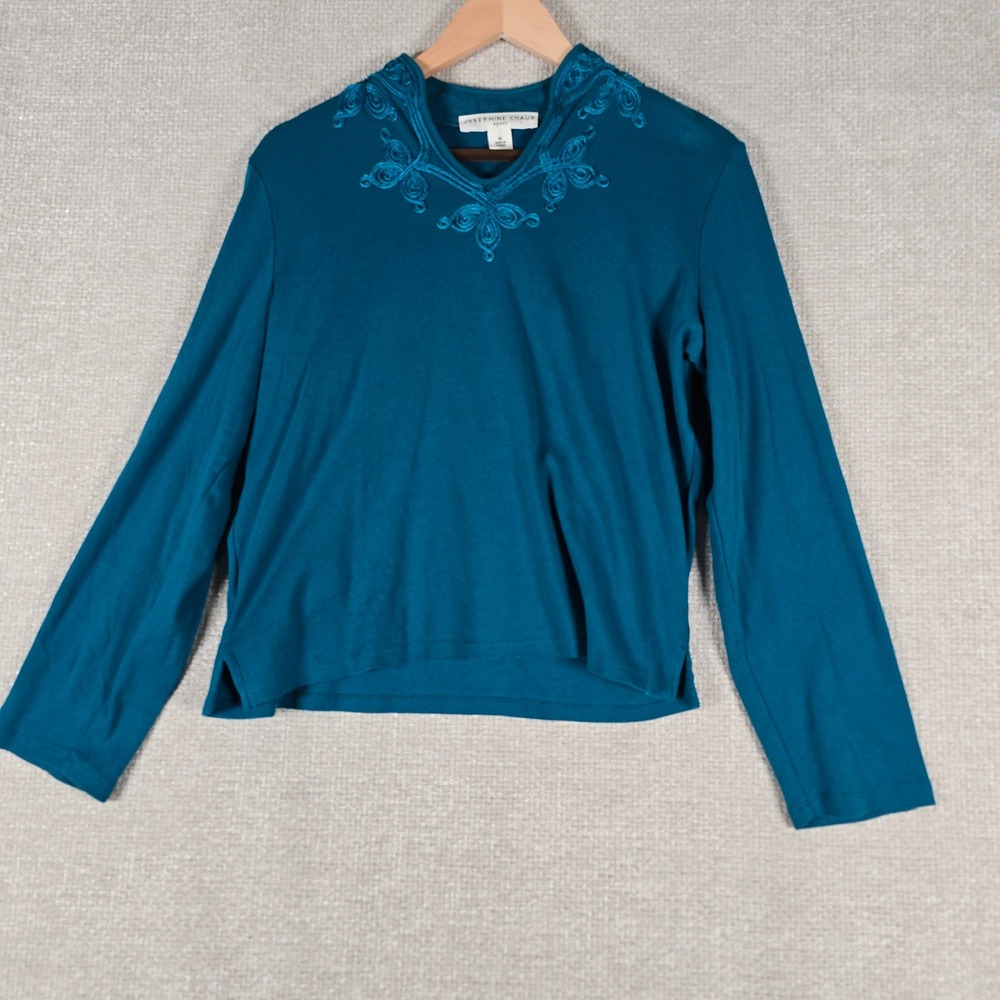 Josephine Chaus Sport Womens Teal Cotton Soutache Embroidered V-Neck Top Medium